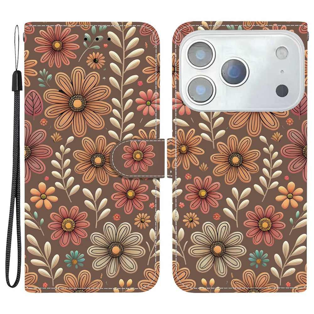 For iPhone 17 Pro Max Wallet Case Pattern Printing Leather Stand Phone Cover with Strap - Blossom