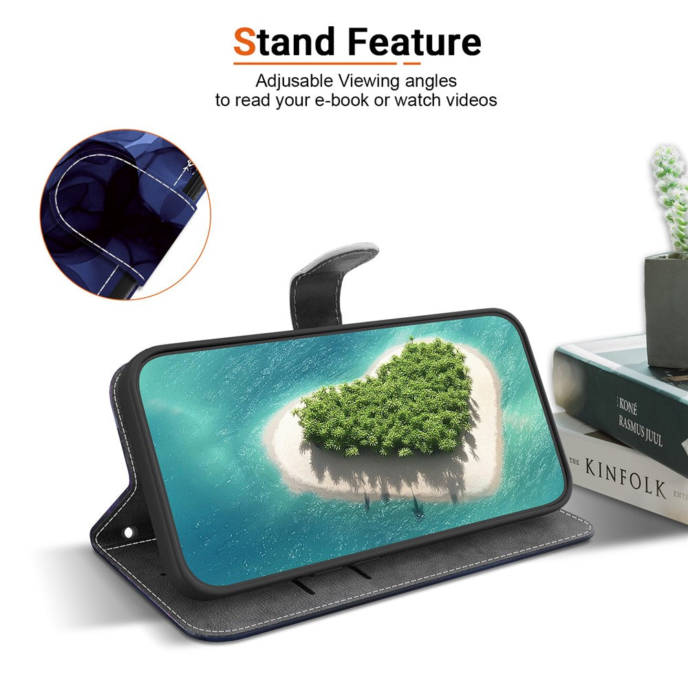 For iPhone 17 Pro Max Wallet Case Pattern Printing Leather Stand Phone Cover with Strap - Ink Blue Flower