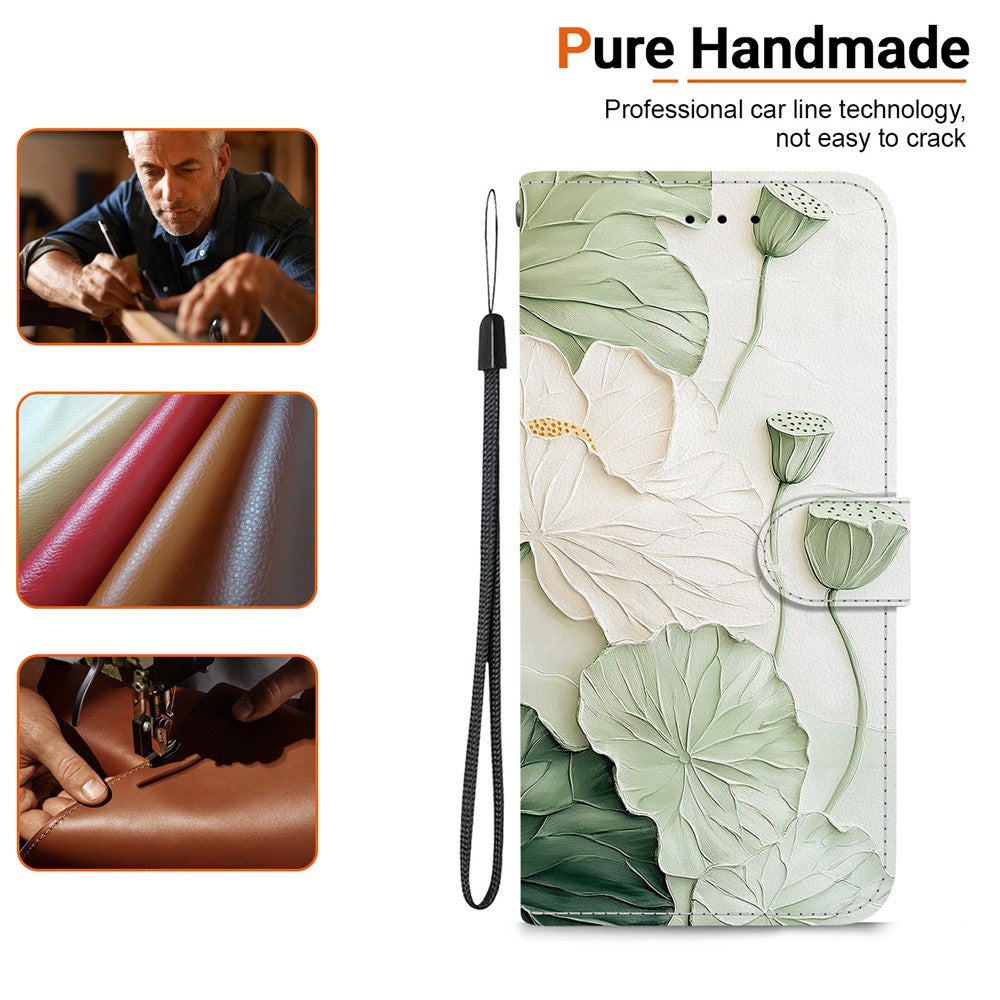 For iPhone 17 Pro Max Wallet Case Pattern Printing Leather Stand Phone Cover with Strap - Lotus