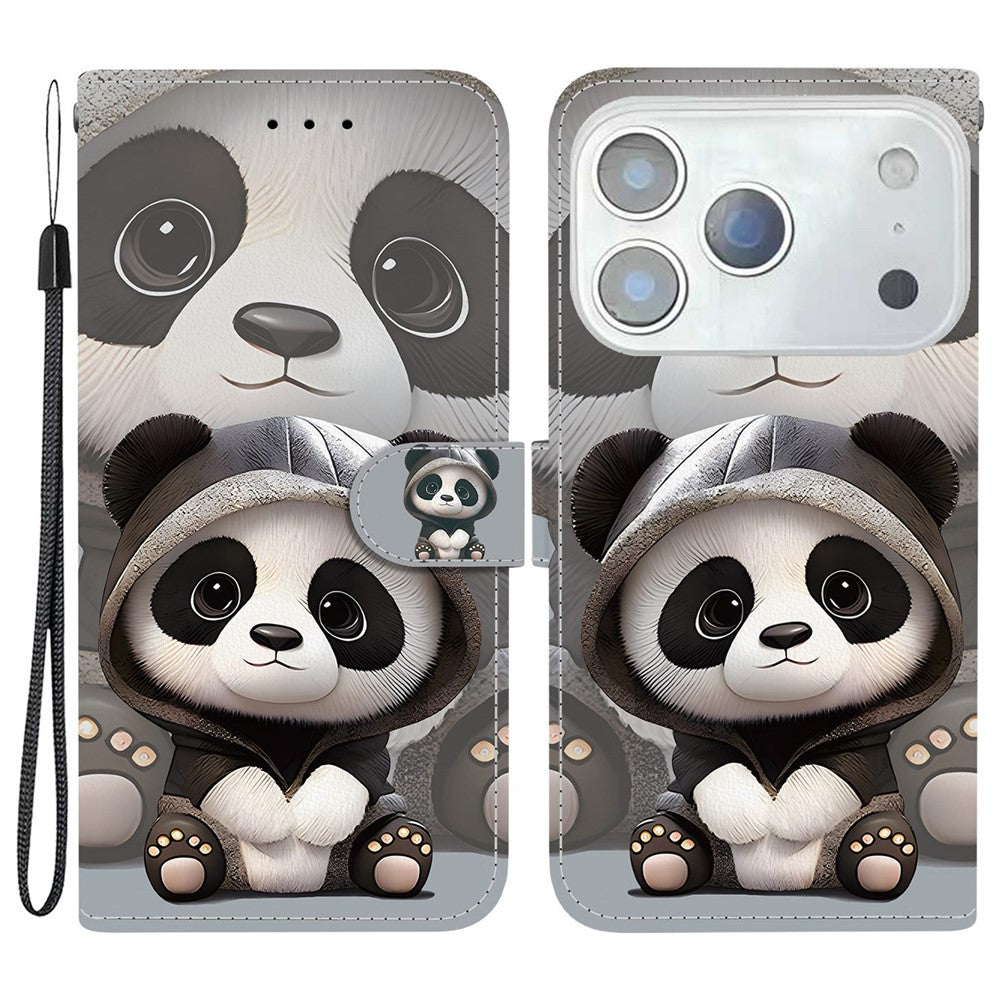 For iPhone 17 Pro Max Wallet Case Pattern Printing Leather Stand Phone Cover with Strap - Panda