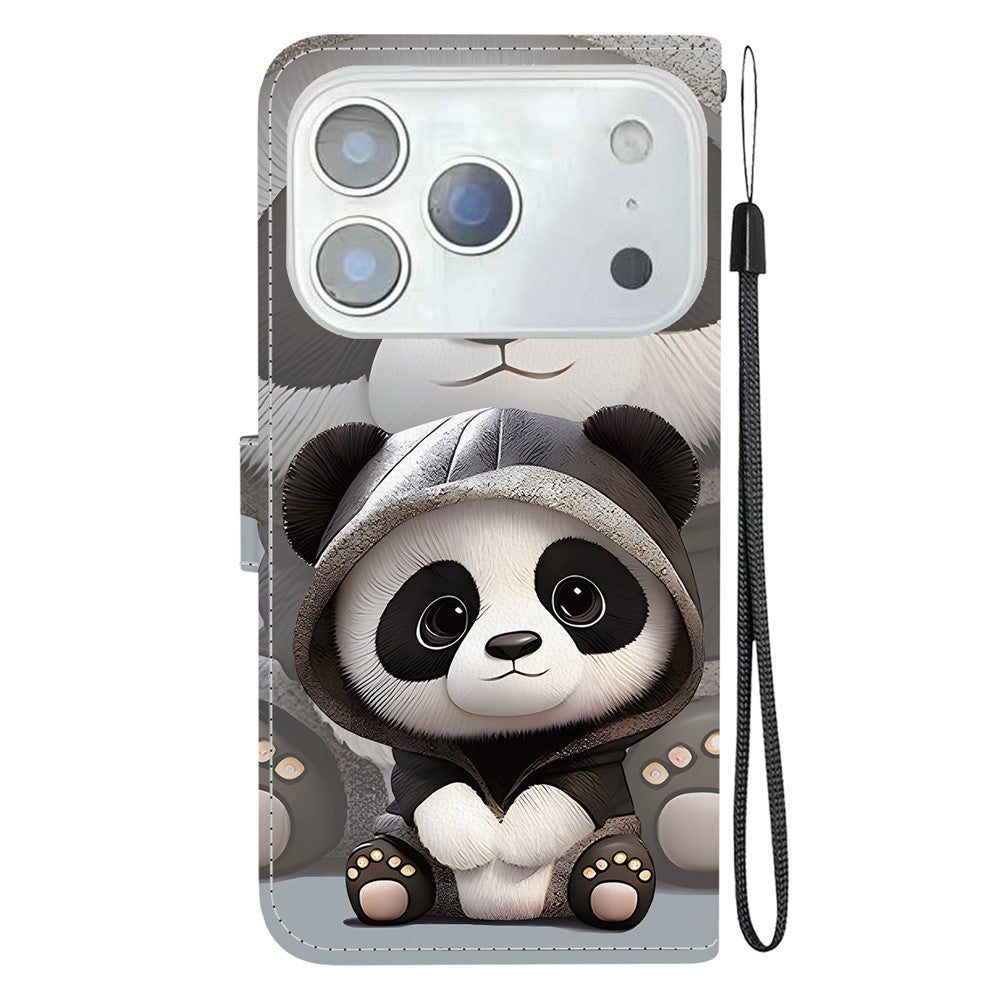 For iPhone 17 Pro Max Wallet Case Pattern Printing Leather Stand Phone Cover with Strap - Panda