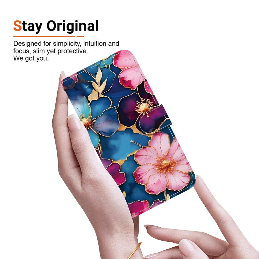 For iPhone 17 Pro Max Wallet Case Pattern Printing Leather Stand Phone Cover with Strap - Blue Gold Flower