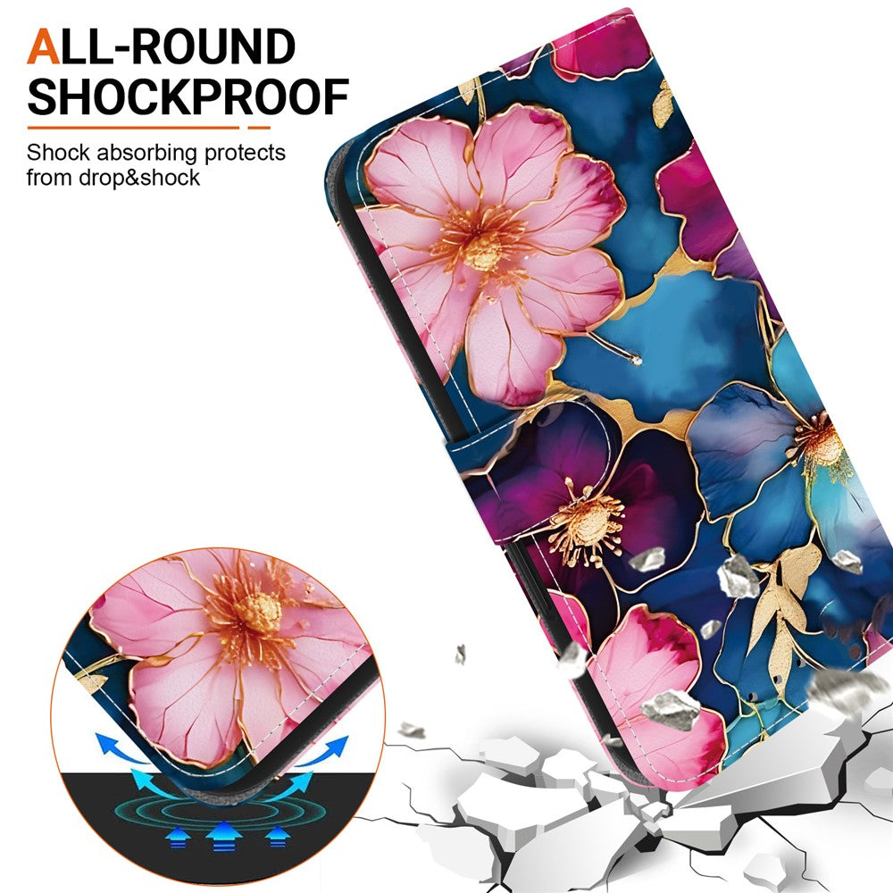For iPhone 17 Pro Max Wallet Case Pattern Printing Leather Stand Phone Cover with Strap - Blue Gold Flower