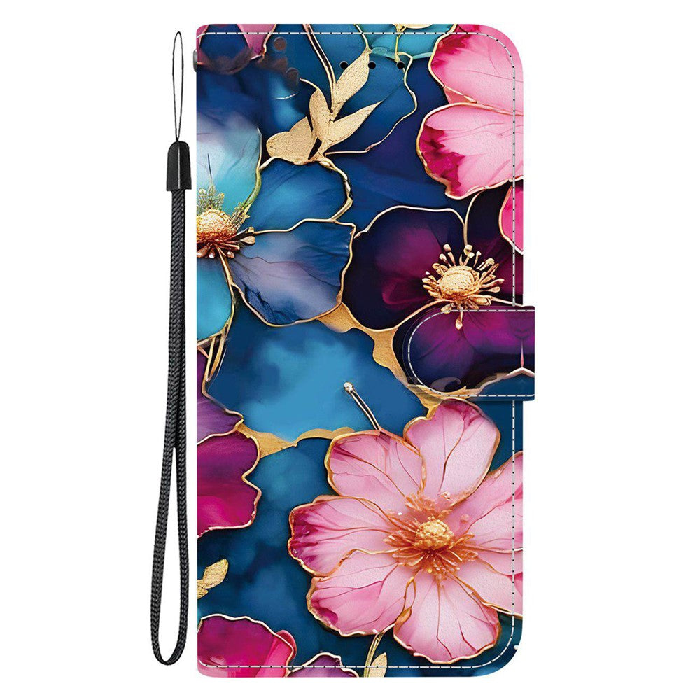 For iPhone 17 Pro Max Wallet Case Pattern Printing Leather Stand Phone Cover with Strap - Blue Gold Flower