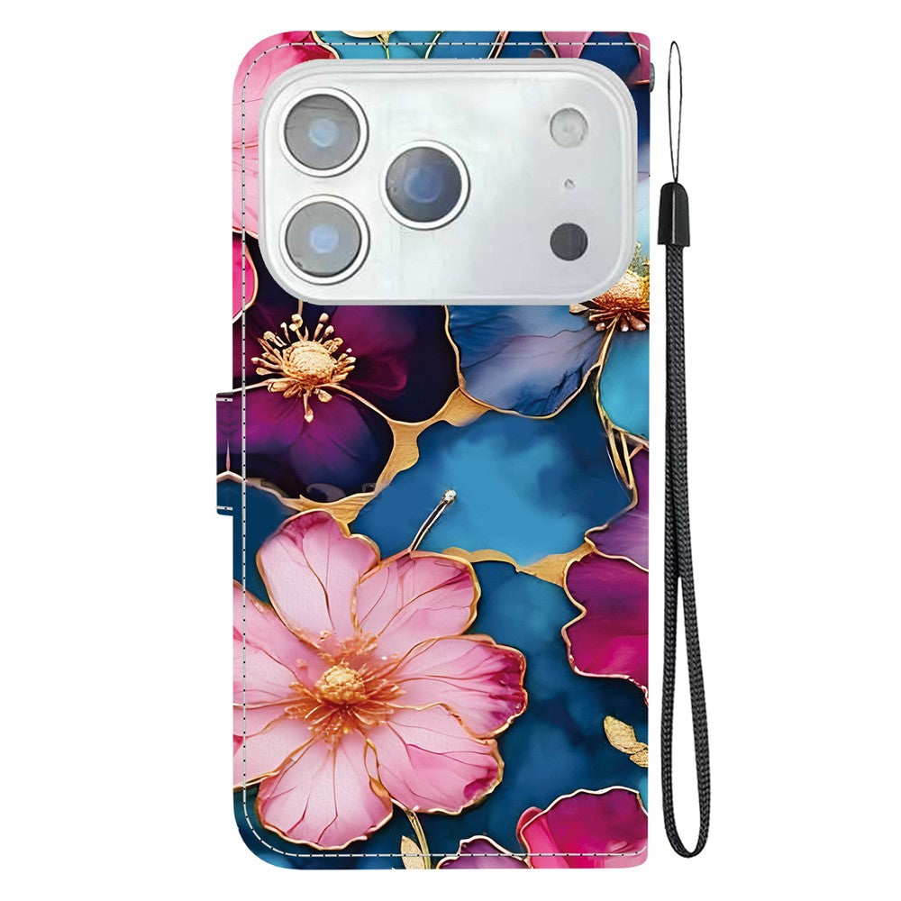 For iPhone 17 Pro Max Wallet Case Pattern Printing Leather Stand Phone Cover with Strap - Blue Gold Flower