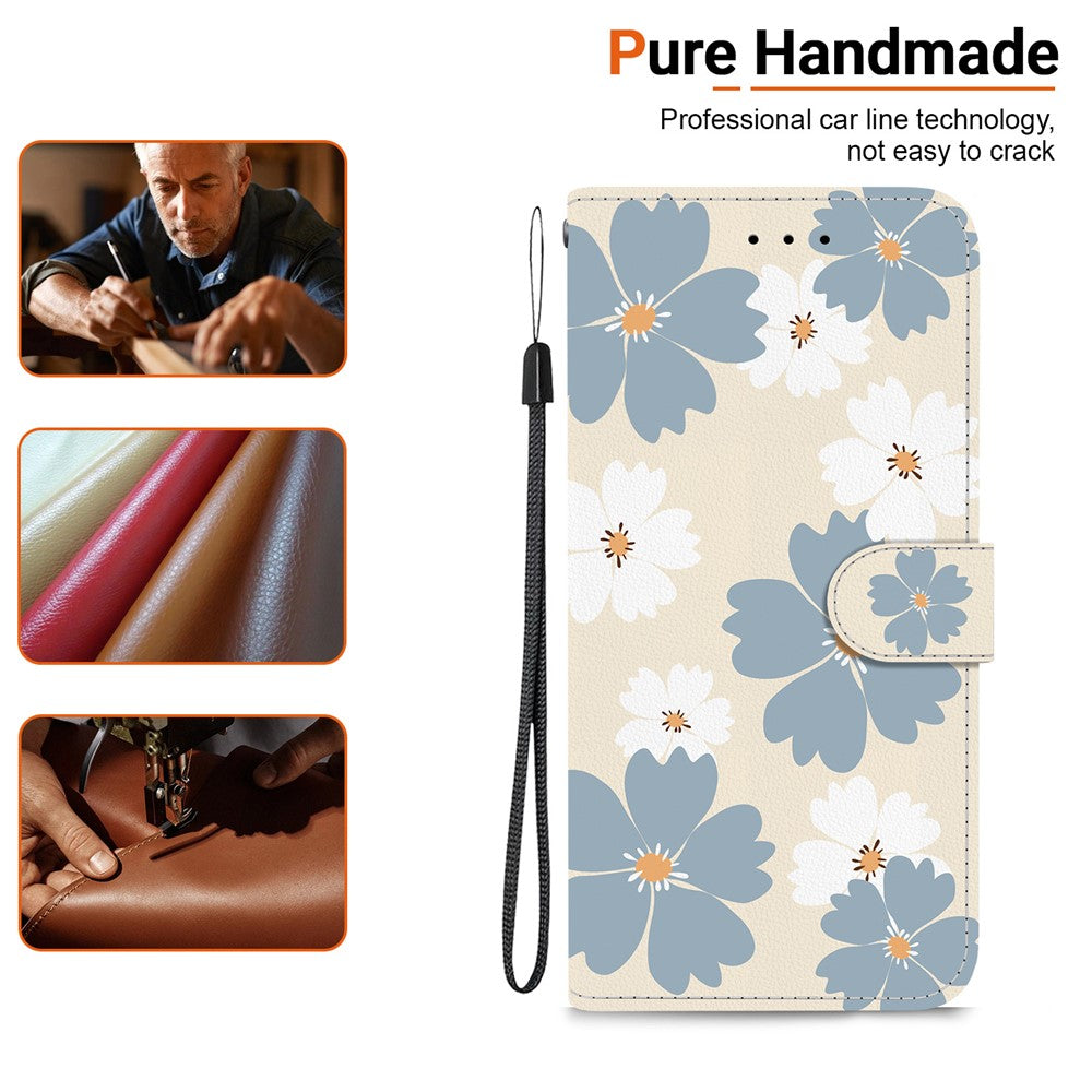 For iPhone 17 Pro Max Wallet Case Pattern Printing Leather Stand Phone Cover with Strap - Blue Daisy