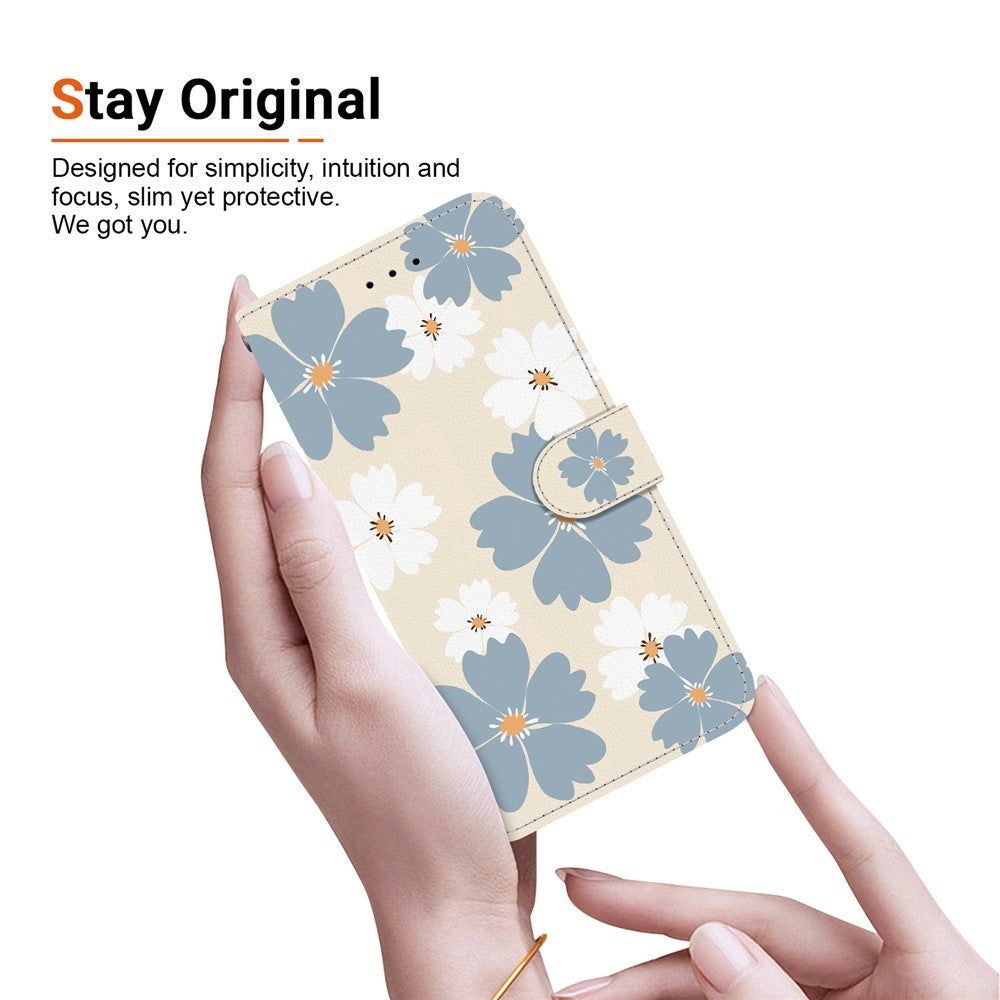 For iPhone 17 Pro Max Wallet Case Pattern Printing Leather Stand Phone Cover with Strap - Blue Daisy