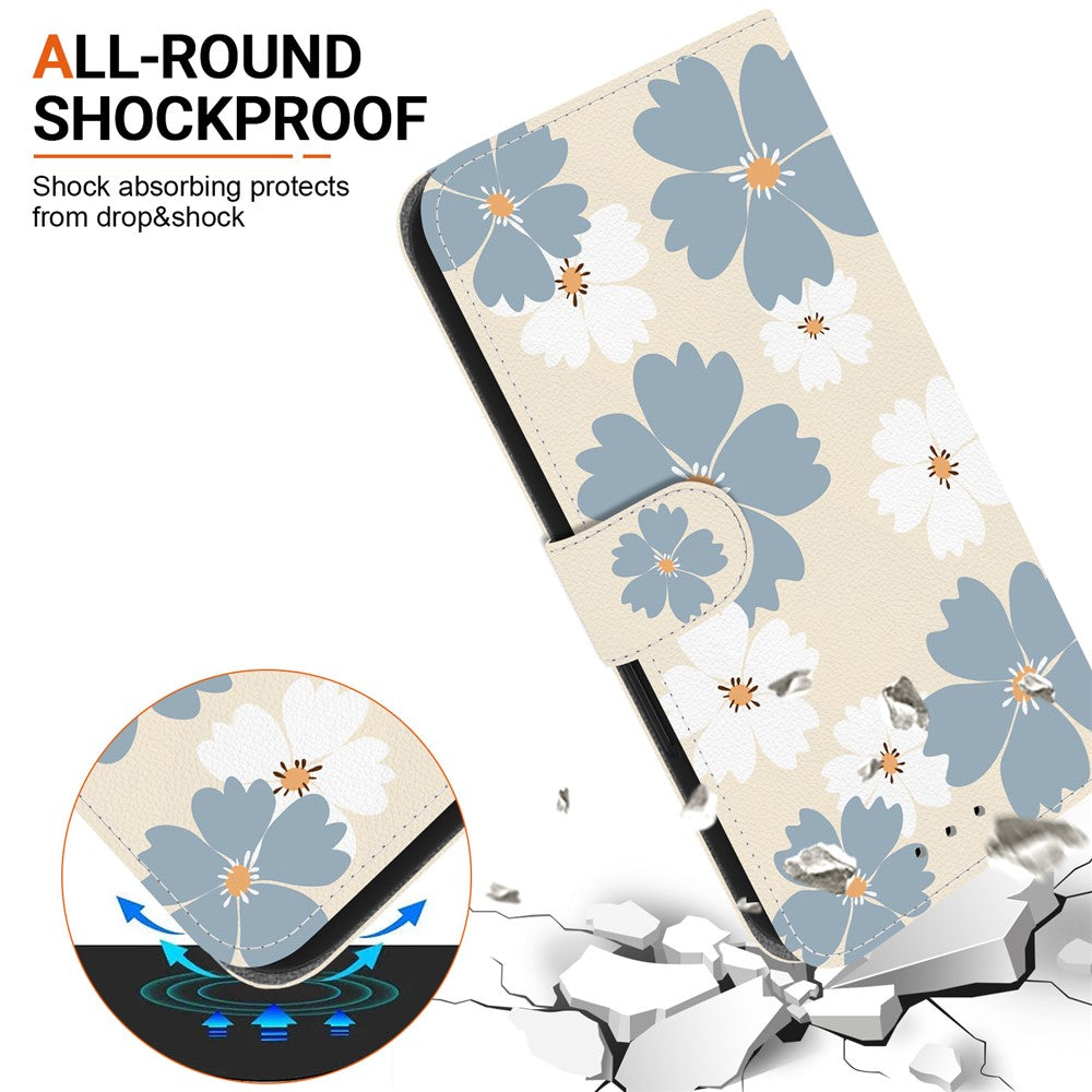 For iPhone 17 Pro Max Wallet Case Pattern Printing Leather Stand Phone Cover with Strap - Blue Daisy