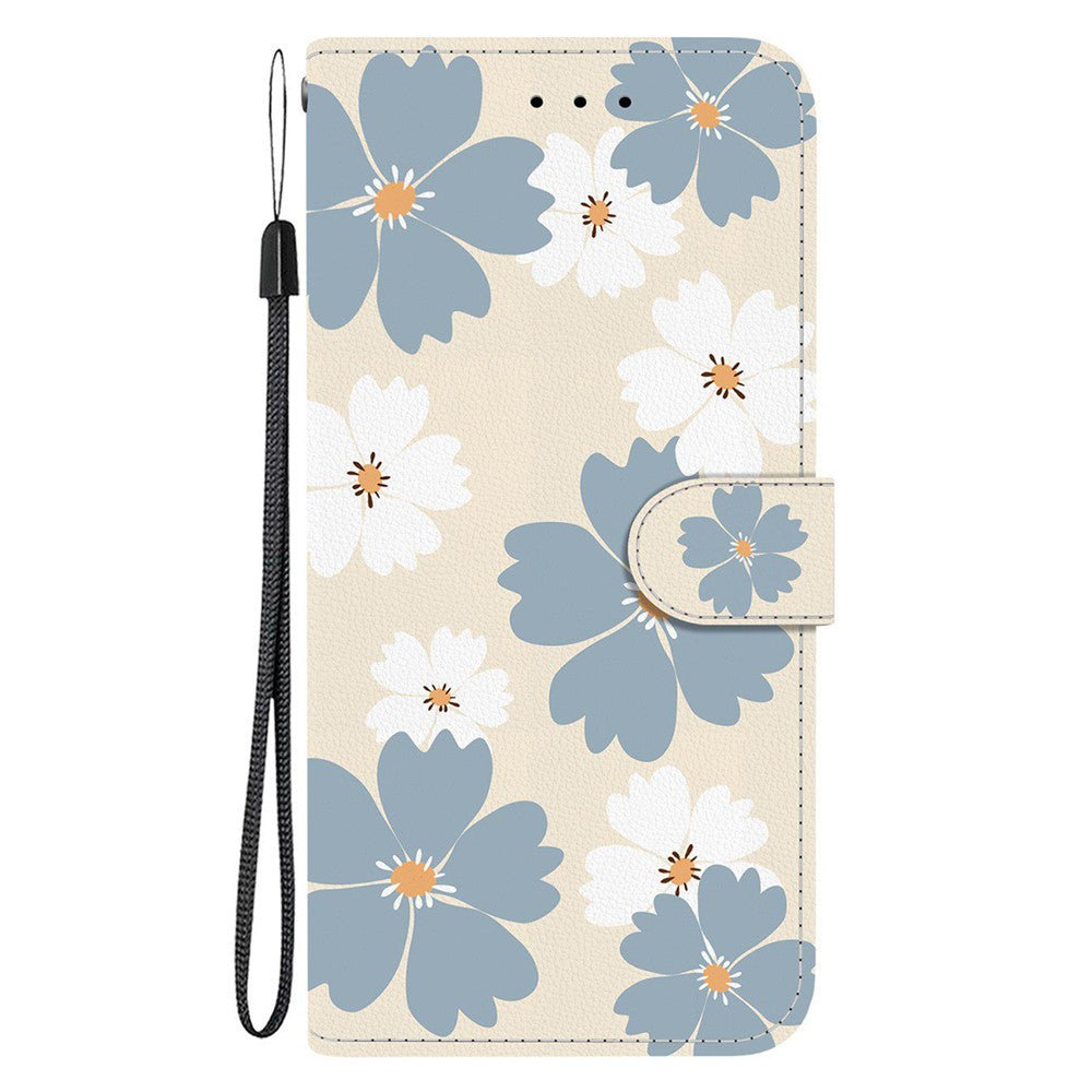 For iPhone 17 Pro Max Wallet Case Pattern Printing Leather Stand Phone Cover with Strap - Blue Daisy