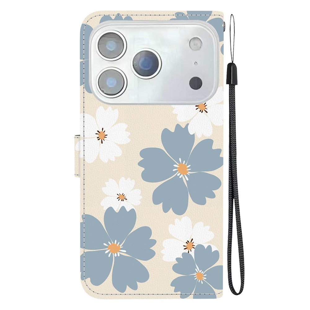 For iPhone 17 Pro Max Wallet Case Pattern Printing Leather Stand Phone Cover with Strap - Blue Daisy