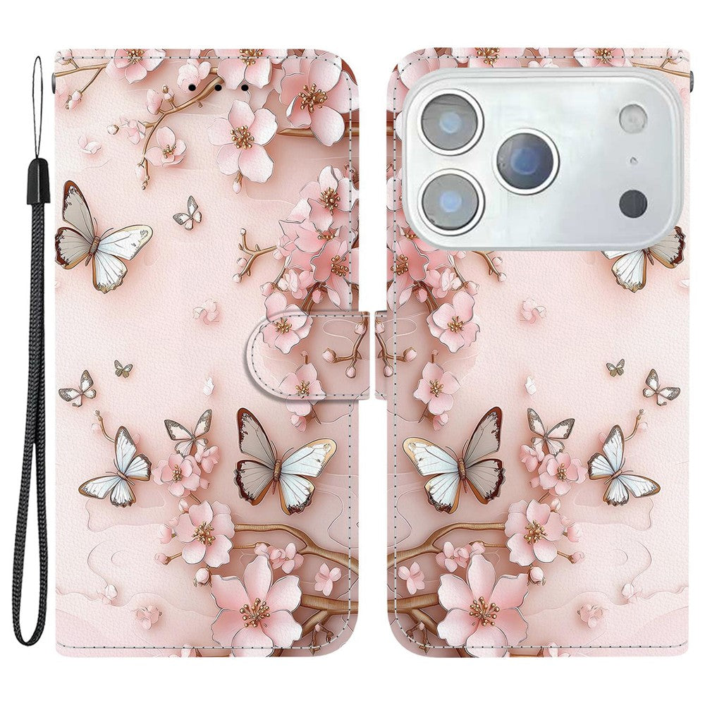 For iPhone 17 Pro Max Wallet Case Pattern Printing Leather Stand Phone Cover with Strap - Pink Butterfly