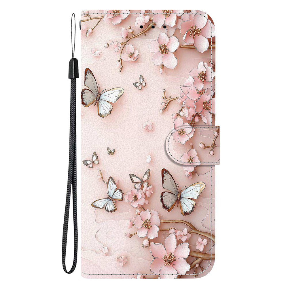 For iPhone 17 Pro Max Wallet Case Pattern Printing Leather Stand Phone Cover with Strap - Pink Butterfly