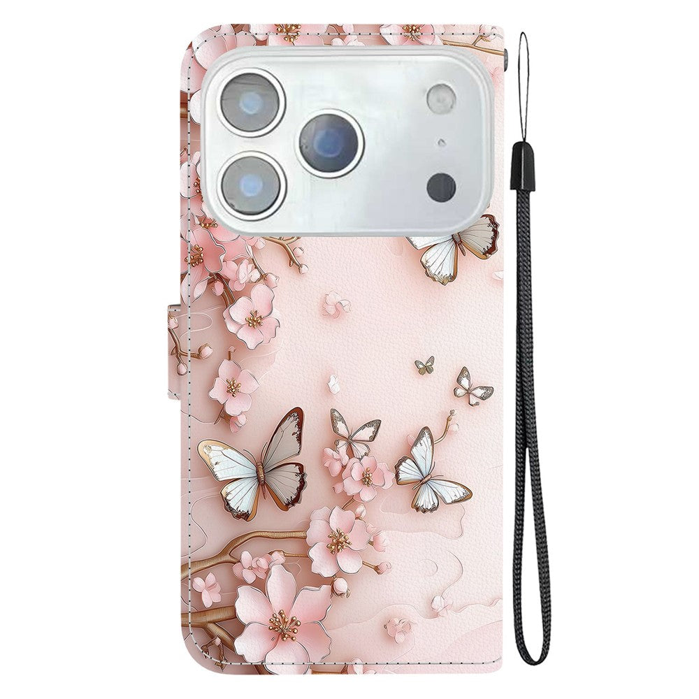 For iPhone 17 Pro Max Wallet Case Pattern Printing Leather Stand Phone Cover with Strap - Pink Butterfly