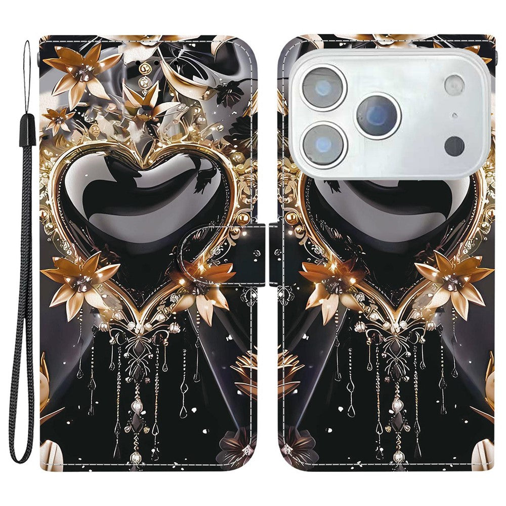 For iPhone 17 Pro Max Wallet Case Pattern Printing Leather Stand Phone Cover with Strap - Black Gold Heart