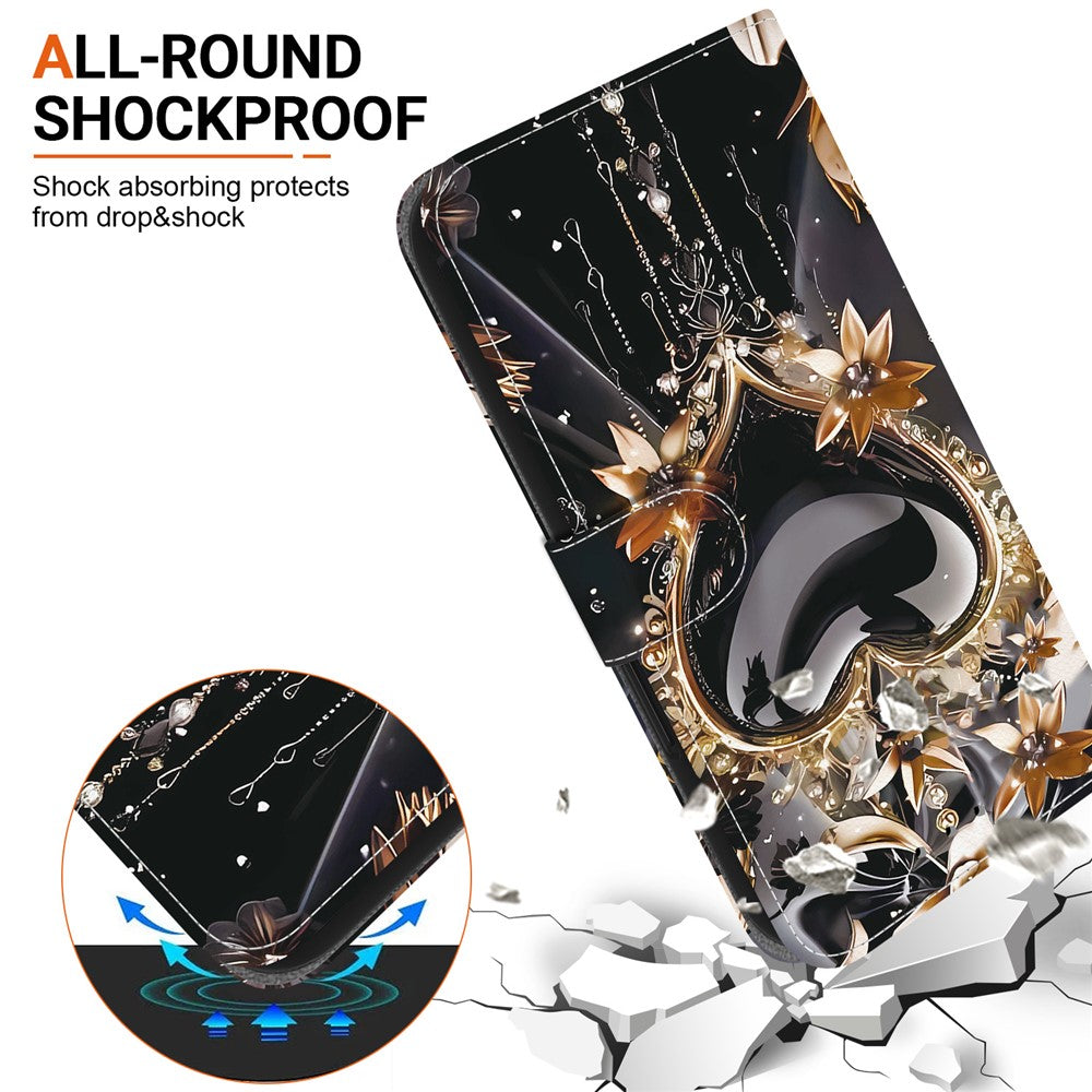 For iPhone 17 Pro Max Wallet Case Pattern Printing Leather Stand Phone Cover with Strap - Black Gold Heart