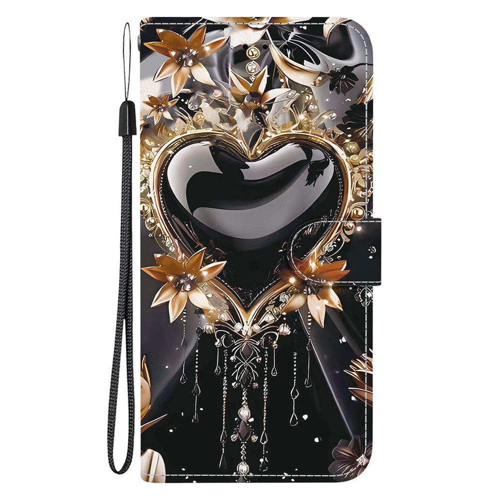 For iPhone 17 Pro Max Wallet Case Pattern Printing Leather Stand Phone Cover with Strap - Black Gold Heart