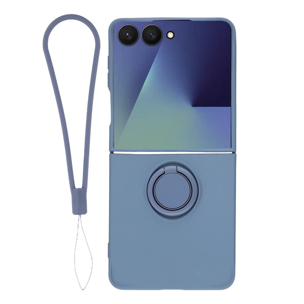 For Samsung Galaxy Z Flip7 5G Silicone Case with Strap Ring Kickstand Phone Cover - Dark Blue