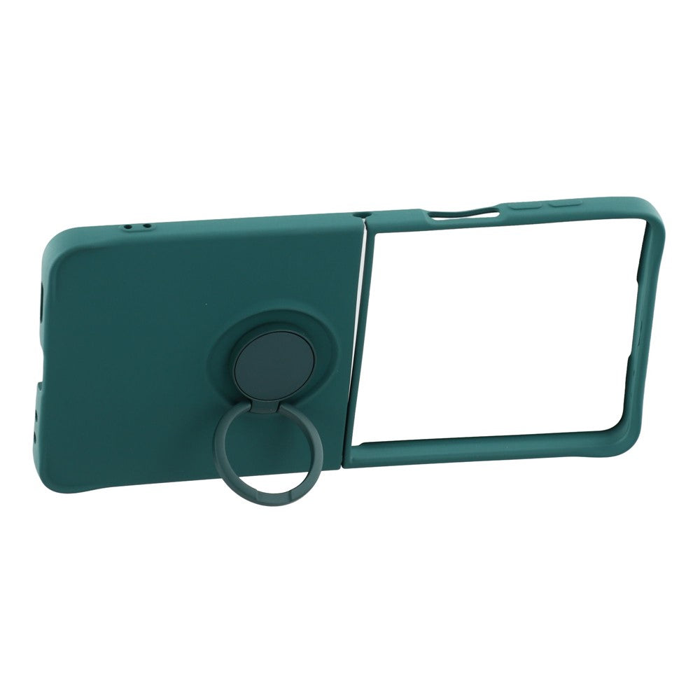 For Samsung Galaxy Z Flip7 5G Silicone Case with Strap Ring Kickstand Phone Cover - Blackish Green