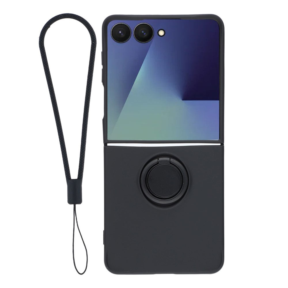 For Samsung Galaxy Z Flip7 5G Silicone Case with Strap Ring Kickstand Phone Cover - Black
