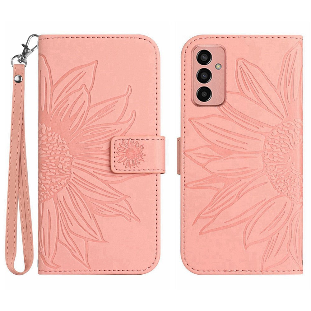 For Samsung Galaxy M23 5G / F23 5G Phone Case, HT04 Drop-proof Skin-Touch PU Leather Imprinted Sunflower Stand Wallet Cover with Hand Strap - Light Pink
