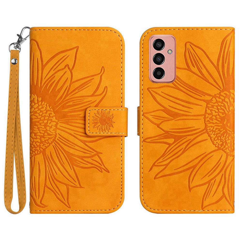 For Samsung Galaxy M23 5G / F23 5G Phone Case, HT04 Drop-proof Skin-Touch PU Leather Imprinted Sunflower Stand Wallet Cover with Hand Strap - Yellow