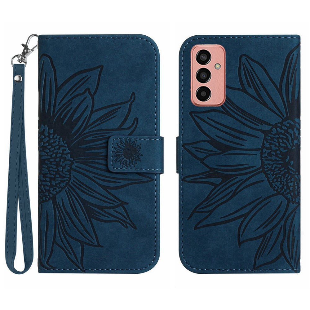For Samsung Galaxy M23 5G / F23 5G Phone Case, HT04 Drop-proof Skin-Touch PU Leather Imprinted Sunflower Stand Wallet Cover with Hand Strap - Dark Blue