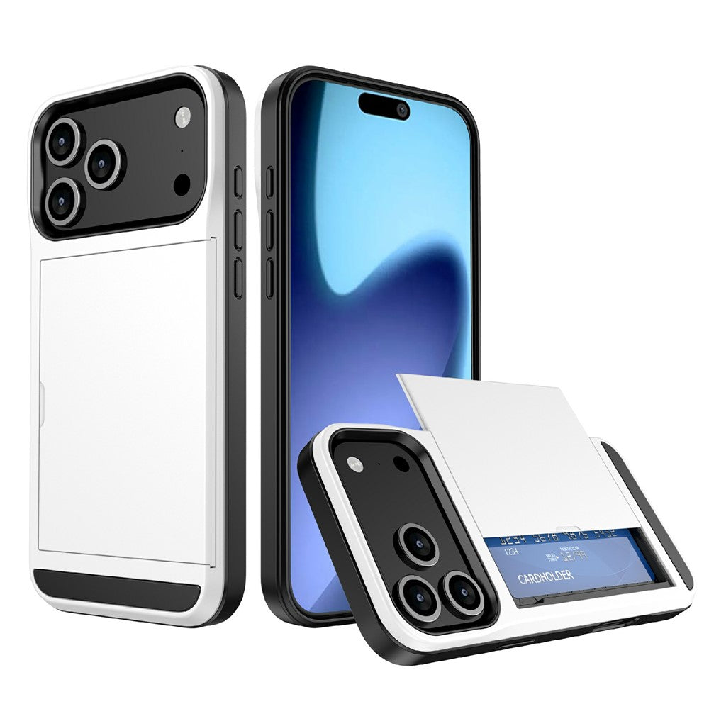 For iPhone 17 Pro Max Case with Sliding Card Holder PC + TPU Phone Back Cover - White