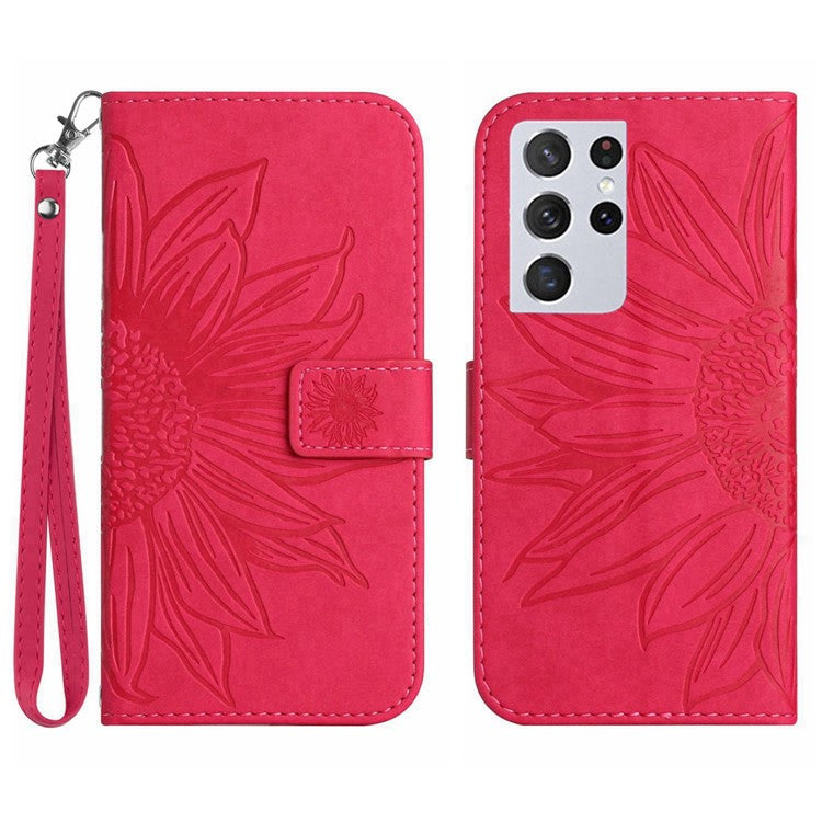 For Samsung Galaxy S21 Ultra 5G HT04 Imprinted Sunflower Skin-Touch Phone Case PU Leather Stand Anti-scratch Wallet Cover with Strap - Rose
