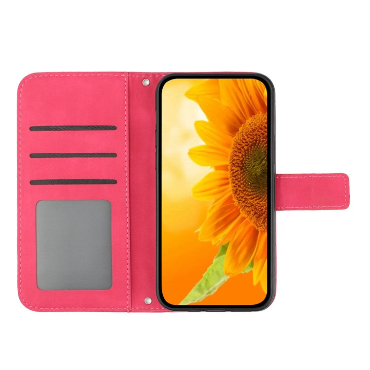 For Samsung Galaxy S21 Ultra 5G HT04 Imprinted Sunflower Skin-Touch Phone Case PU Leather Stand Anti-scratch Wallet Cover with Strap - Rose