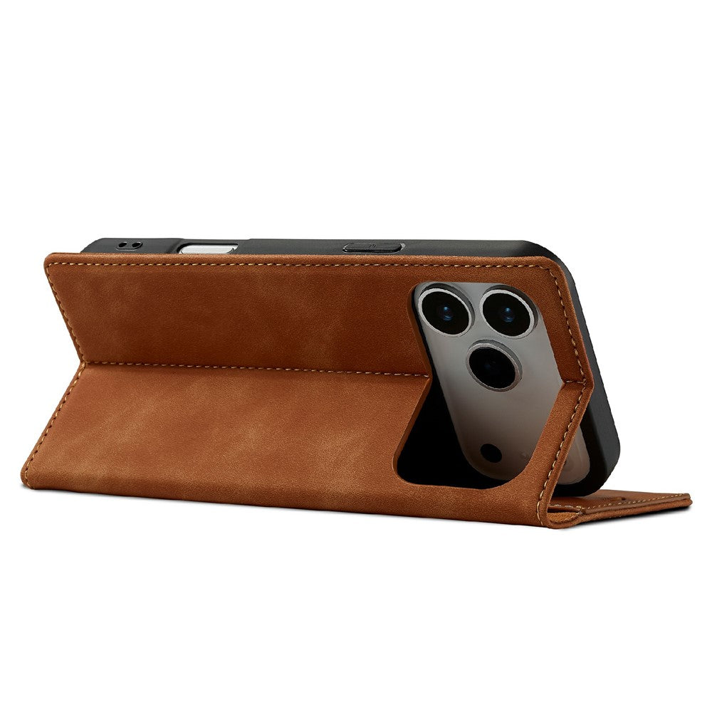 LC.IMEEKE For iPhone 17 Pro Max Case Wallet Microfiber Leather Phone Cover - Brown