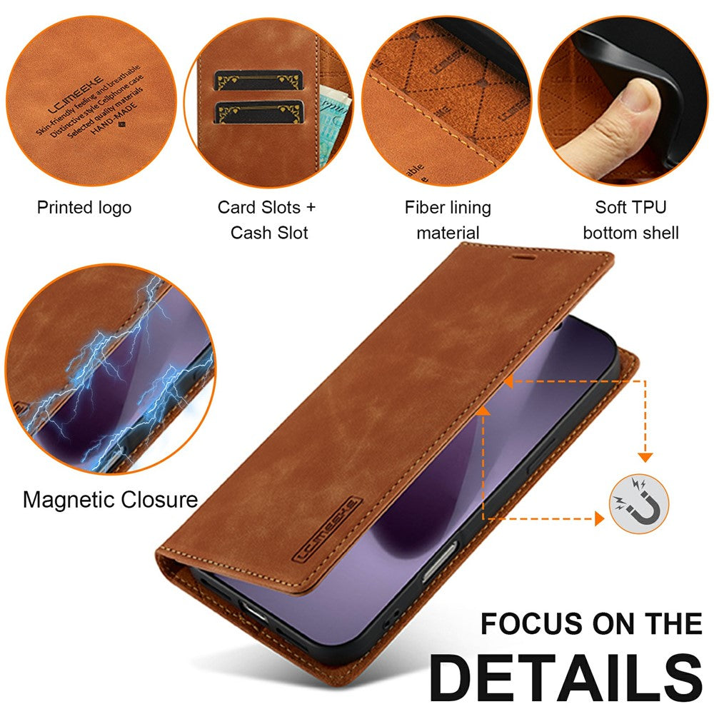 LC.IMEEKE For iPhone 17 Pro Max Case Wallet Microfiber Leather Phone Cover - Brown