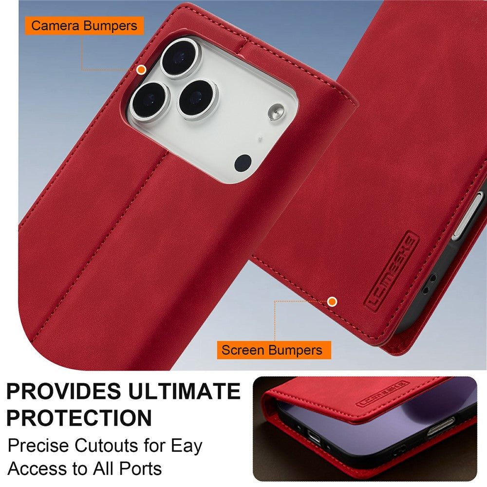 LC.IMEEKE For iPhone 17 Pro Max Case Wallet Microfiber Leather Phone Cover - Red