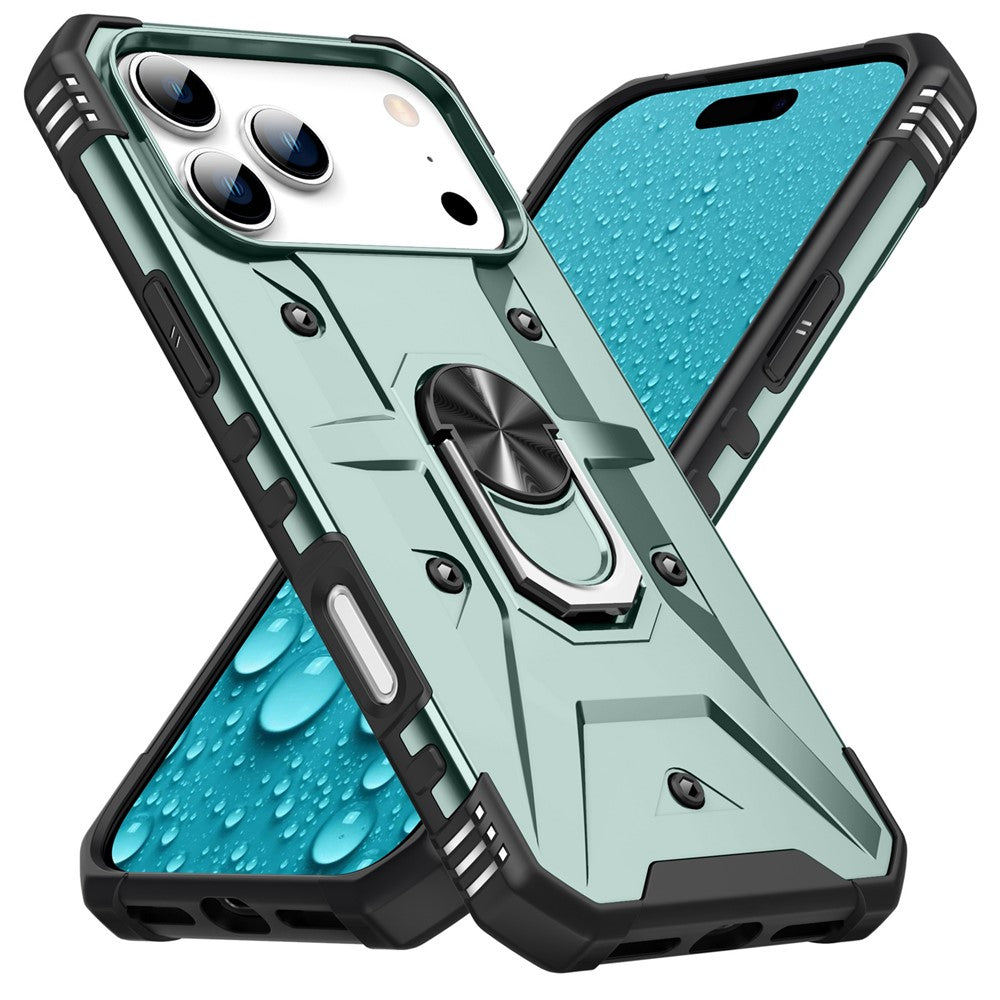 For iPhone 17 Pro Max Case PC + TPU Anti-Drop Phone Cover with Ring Kickstand - Dark Green