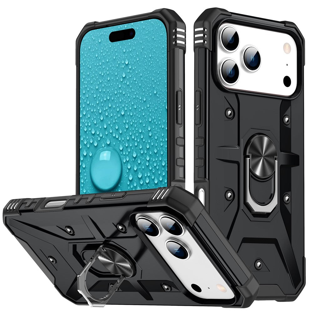 For iPhone 17 Pro Max Case PC + TPU Anti-Drop Phone Cover with Ring Kickstand - Black