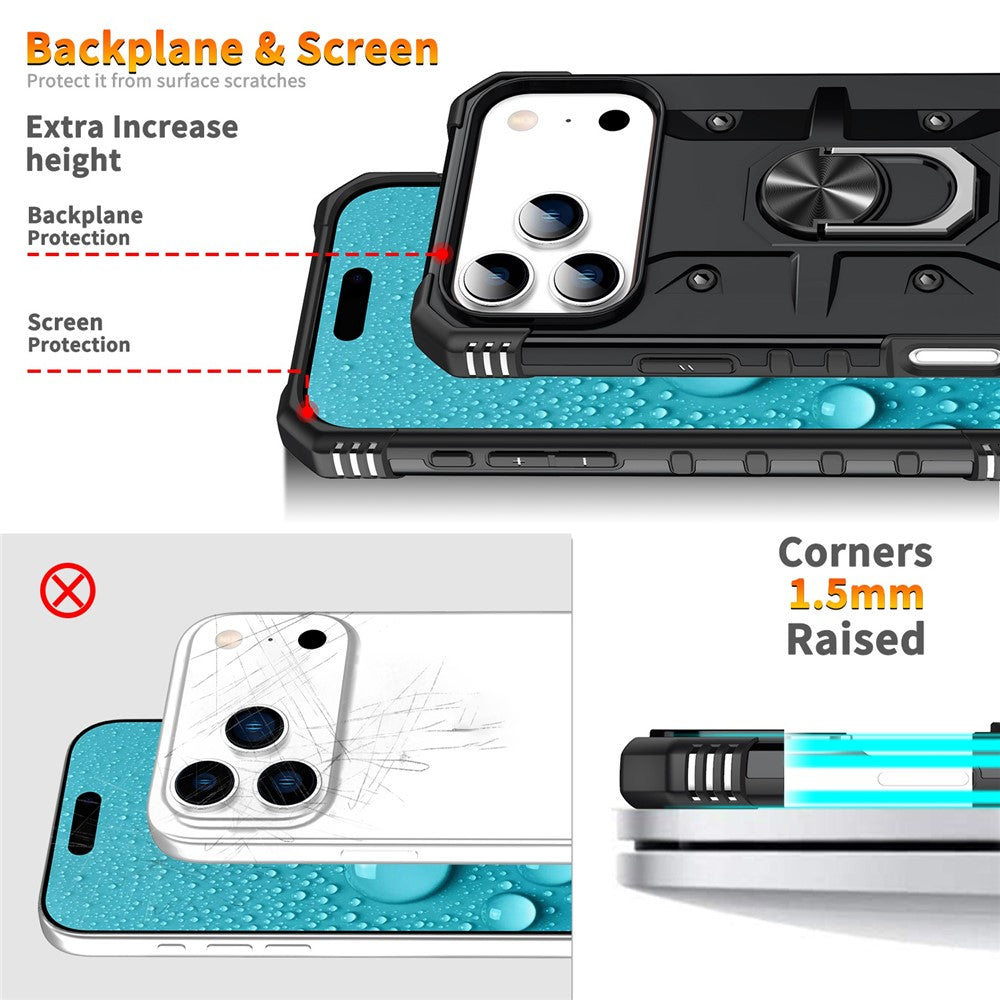 For iPhone 17 Pro Max Case PC + TPU Anti-Drop Phone Cover with Ring Kickstand - Black