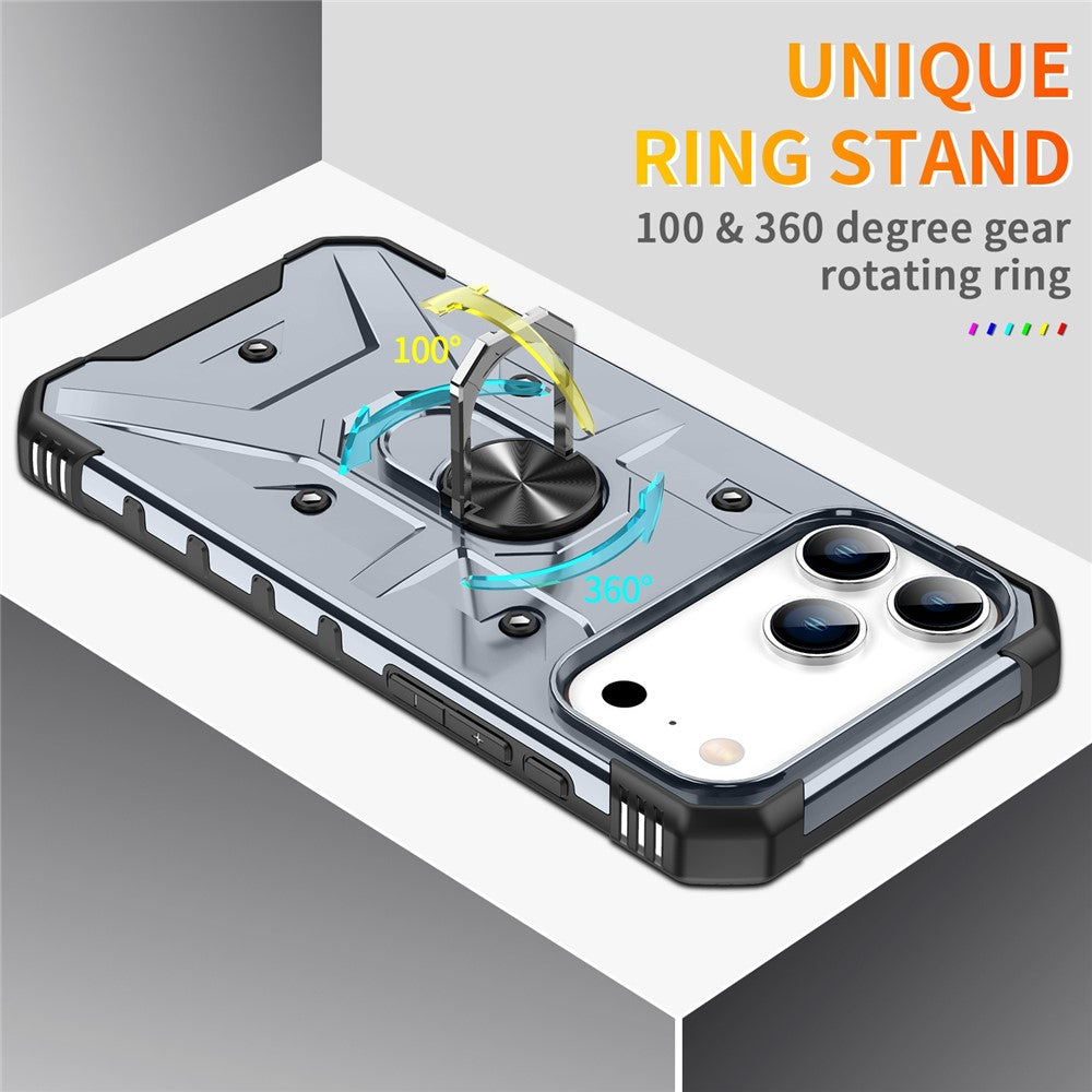 For iPhone 17 Pro Max Case PC + TPU Anti-Drop Phone Cover with Ring Kickstand - Grey