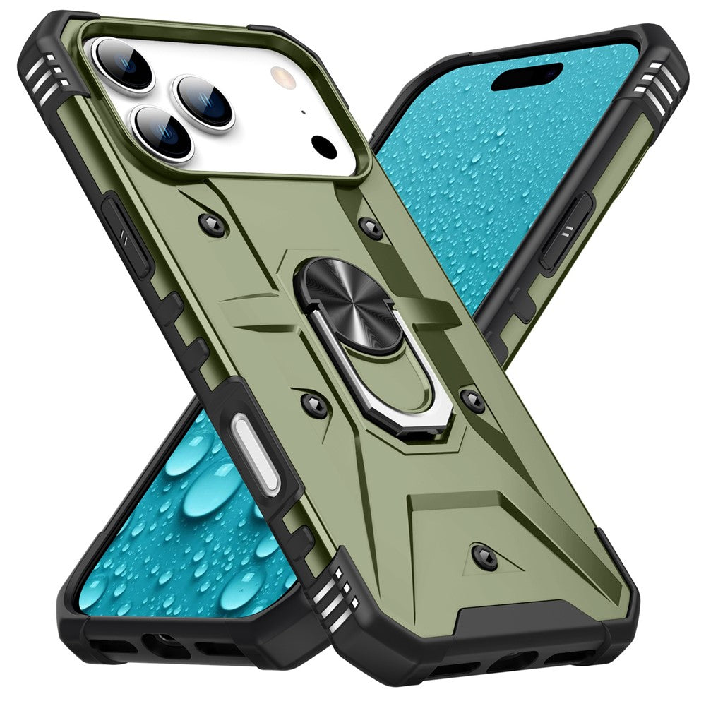 For iPhone 17 Pro Max Case PC + TPU Anti-Drop Phone Cover with Ring Kickstand - Army Green