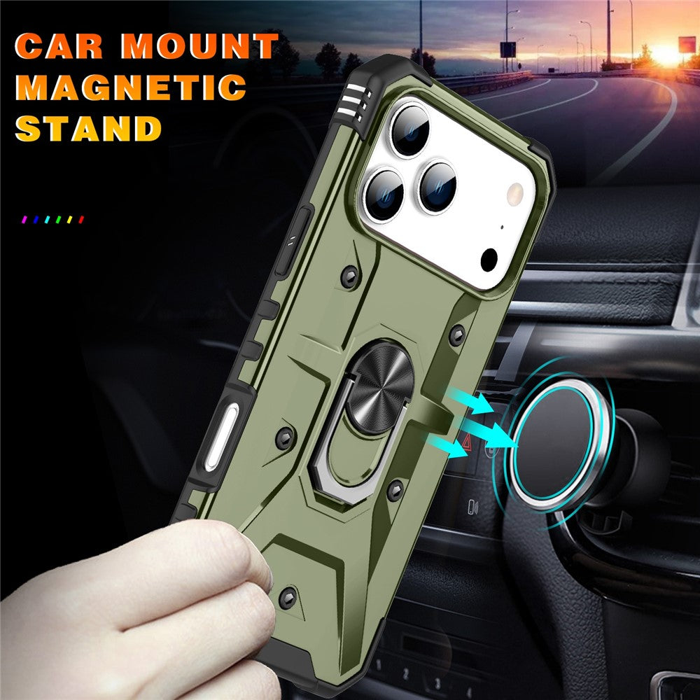 For iPhone 17 Pro Max Case PC + TPU Anti-Drop Phone Cover with Ring Kickstand - Army Green