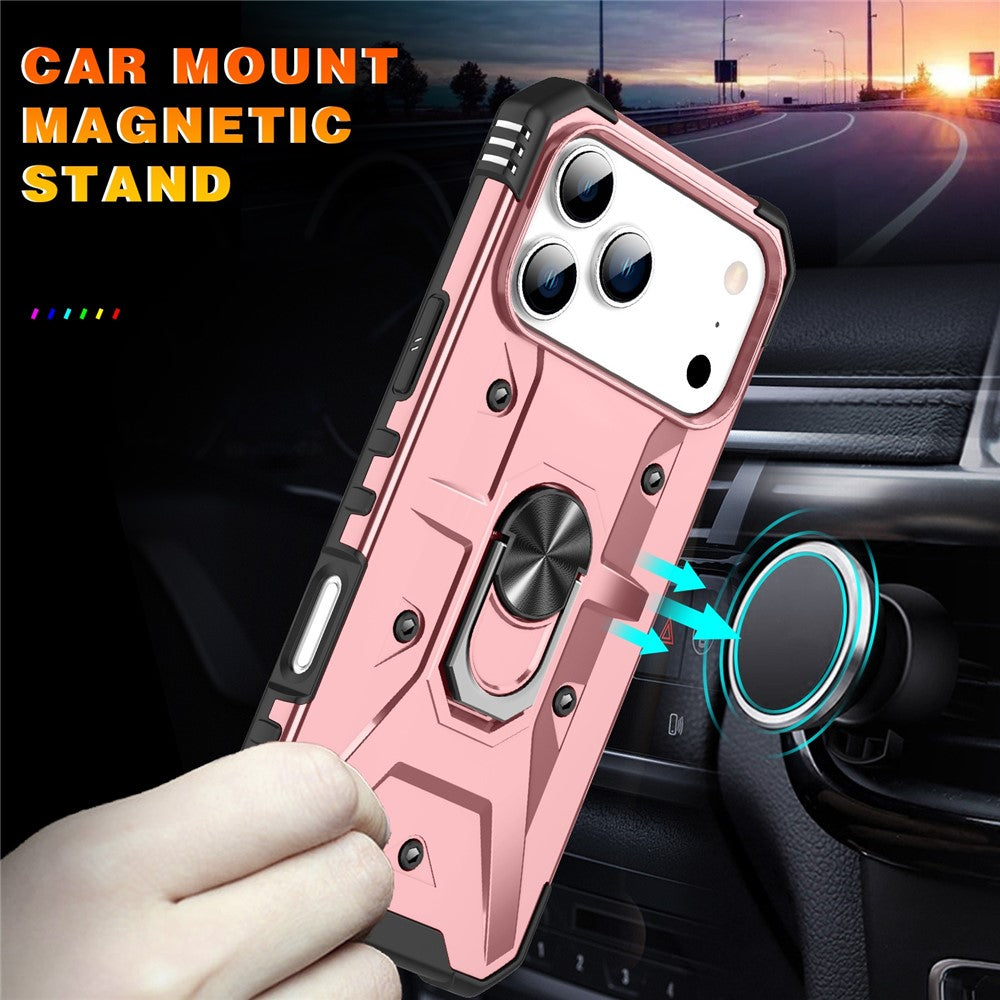 For iPhone 17 Pro Max Case PC + TPU Anti-Drop Phone Cover with Ring Kickstand - Rose Gold