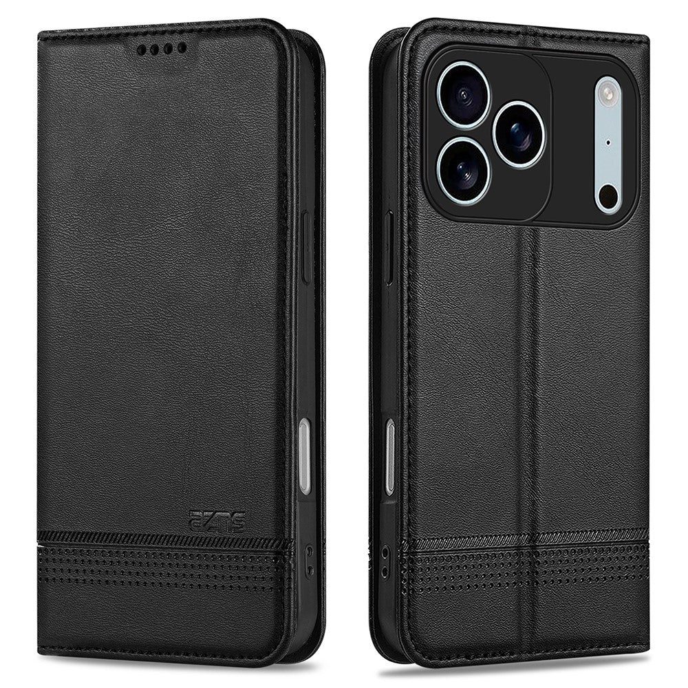 AZNS For iPhone 17 Pro Max Case Cowhide Texture PU Leather Wallet Phone Cover - Black