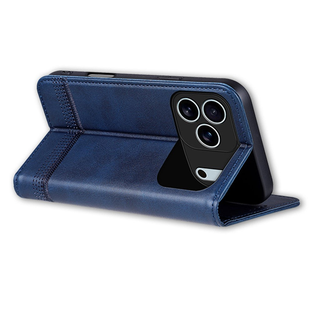 AZNS For iPhone 17 Pro Max Case Cowhide Texture PU Leather Wallet Phone Cover - Blue
