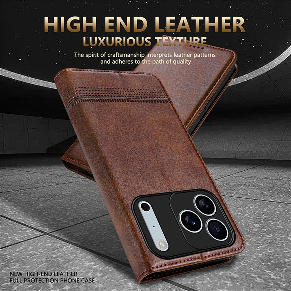 AZNS For iPhone 17 Pro Max Case Cowhide Texture PU Leather Wallet Phone Cover - Blue