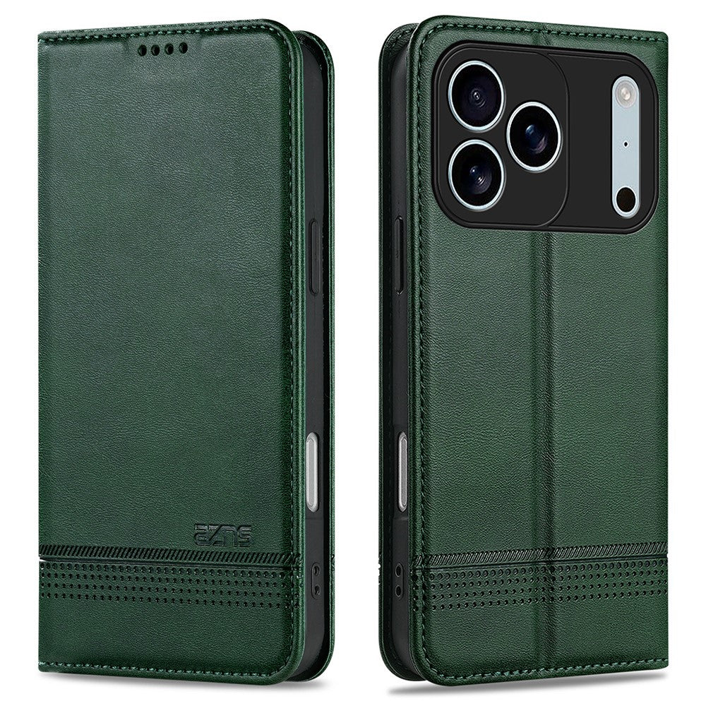 AZNS For iPhone 17 Pro Max Case Cowhide Texture PU Leather Wallet Phone Cover - Green
