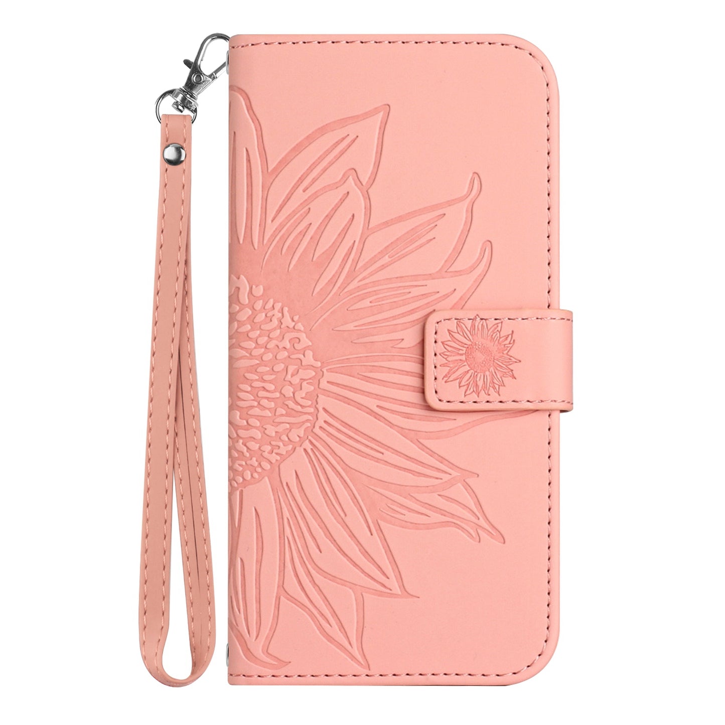 For Samsung Galaxy S20 Ultra HT04 Phone Case, All-round Shockproof Skin-Touch PU Leather Imprinted Sunflower Stand Wallet Cover with Hand Strap - Light Pink
