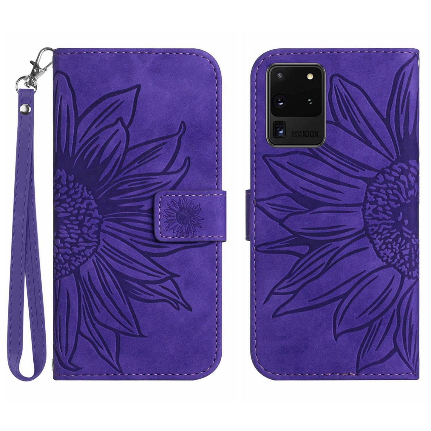For Samsung Galaxy S20 Ultra HT04 Phone Case, All-round Shockproof Skin-Touch PU Leather Imprinted Sunflower Stand Wallet Cover with Hand Strap - Dark Purple