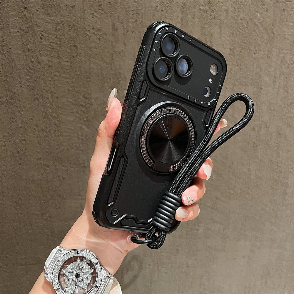 For iPhone 17 Pro Max Case with Strap, Ring Kickstand PC + TPU Shockproof Phone Back Cover - Black