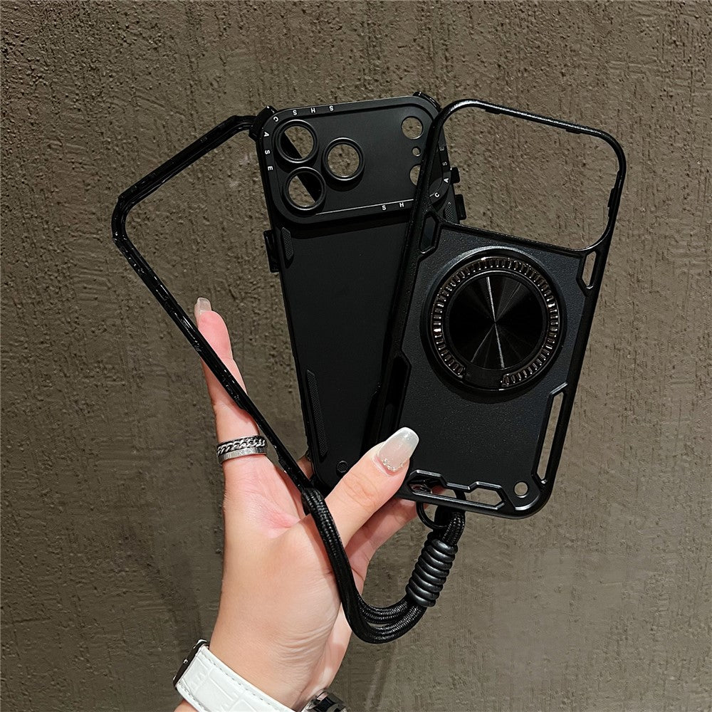 For iPhone 17 Pro Max Case with Strap, Ring Kickstand PC + TPU Shockproof Phone Back Cover - Black