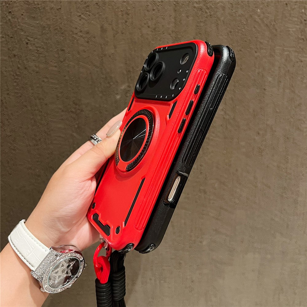 For iPhone 17 Pro Max Case with Strap, Ring Kickstand PC + TPU Shockproof Phone Back Cover - Red