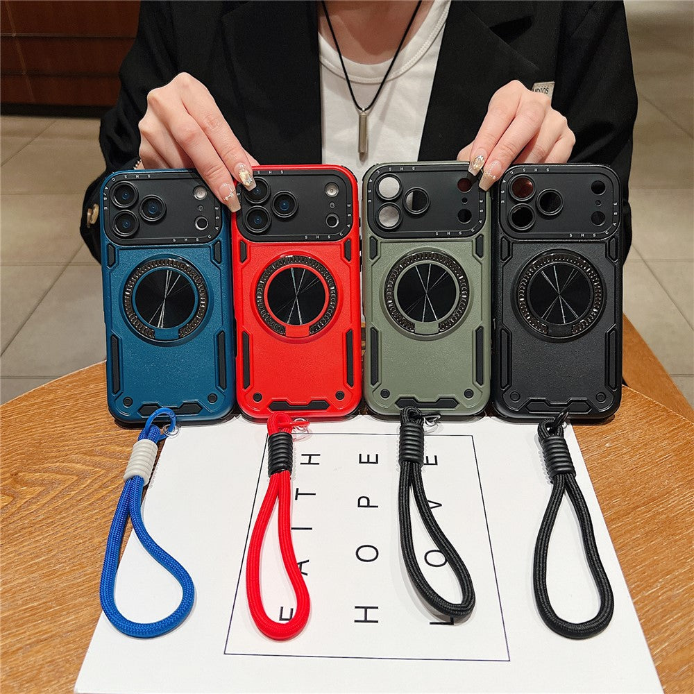 For iPhone 17 Pro Max Case with Strap, Ring Kickstand PC + TPU Shockproof Phone Back Cover - Red