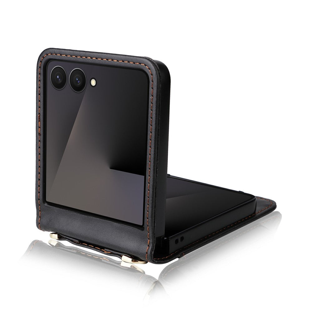 For Samsung Galaxy Z Flip7 5 Case Card Slots Leather Phone Cover with Lanyard - Black
